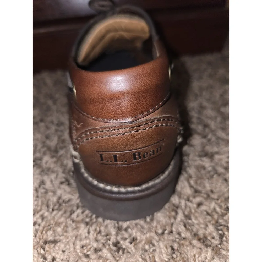 LL Bean Allagash Bison Leather Hand Sewn Boat Shoes Brown Mens Size 7 EE Wide